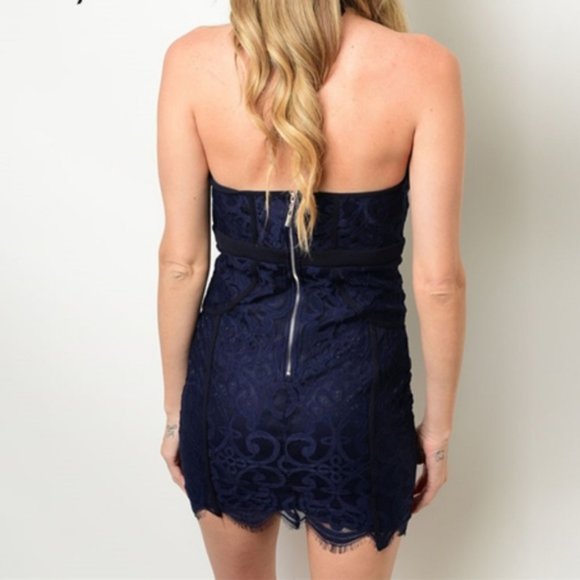 NWT Xtaren Navy tubetop  lace dress silver zipper women's size Medium (108) - Picture 2 of 6